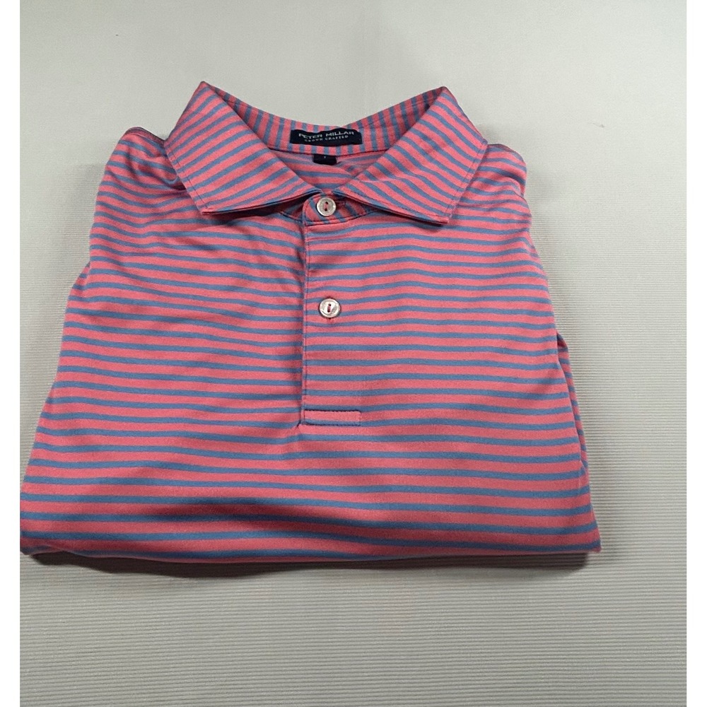 Peter Millar Crown Crafted Mens L Pink Blue Striped Golf Polo Rancho La Quinta